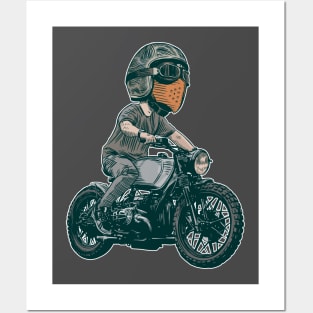 Urban Rider: Man Rocking a Cool Helmet on a Bobber Motorcycle Posters and Art